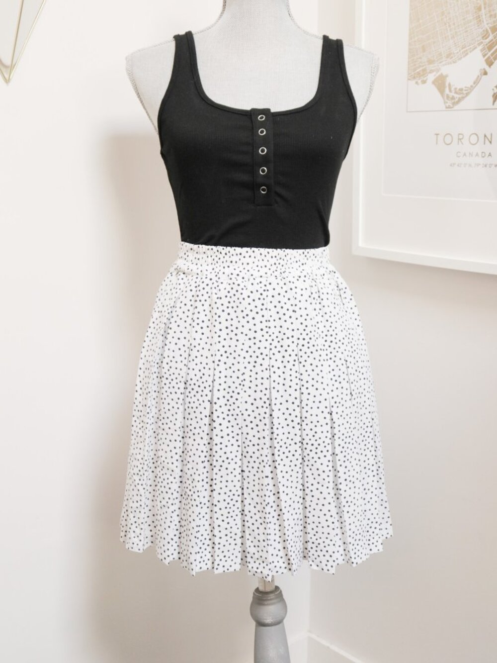 Vintage DANIEL HECHTER White & Black Polka Dot Pleated Skirt, Old Money, PARIS